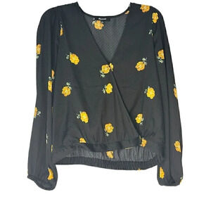 Madewell Womens Floral Patterned Short Sleeve Wrap Top Size M Black Cap Sleeve
